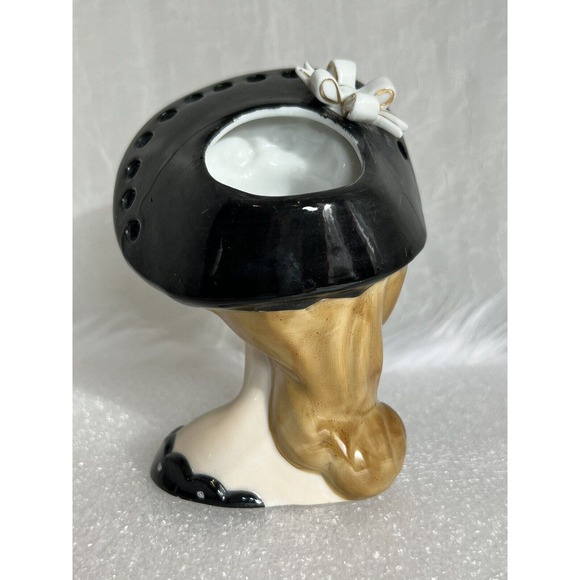 VINTAGE Napco S569A Lady Head Vase In Black With Polka Dots - Picture 4 of 9